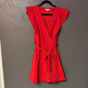 Madewell 100% Linen Red Wrap Dress with Cap Sleeves